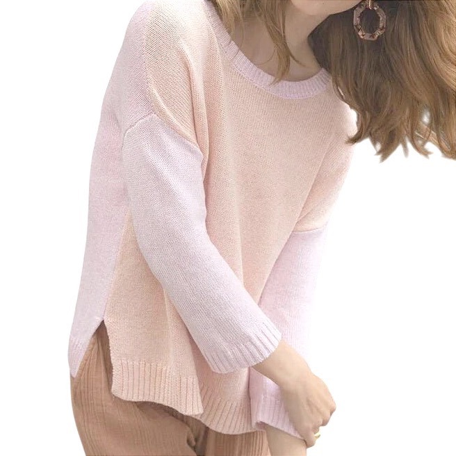 Lilla P Colorblock Sweater Blush Pink Knit 3/4 Sleeve Cotton Linen Pa1713 Small